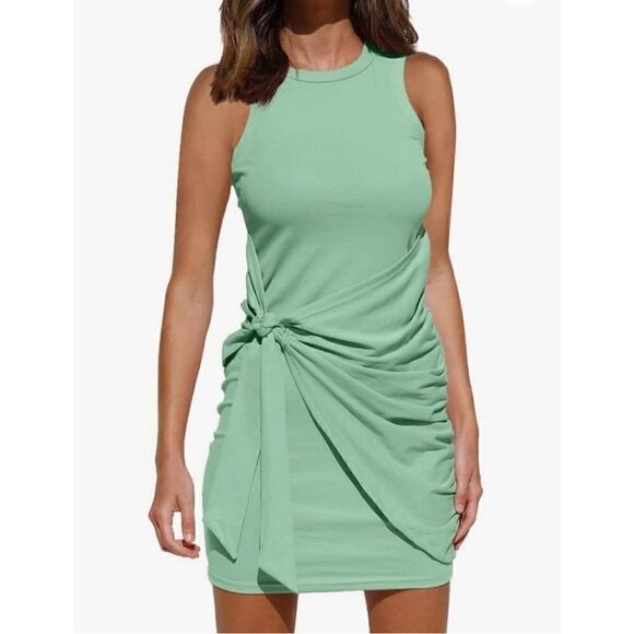 LILLUSORY Women's Summer Casual Sleeveless Beach Tank Dress Bodycon Ruched Tie - Picture 1 of 4